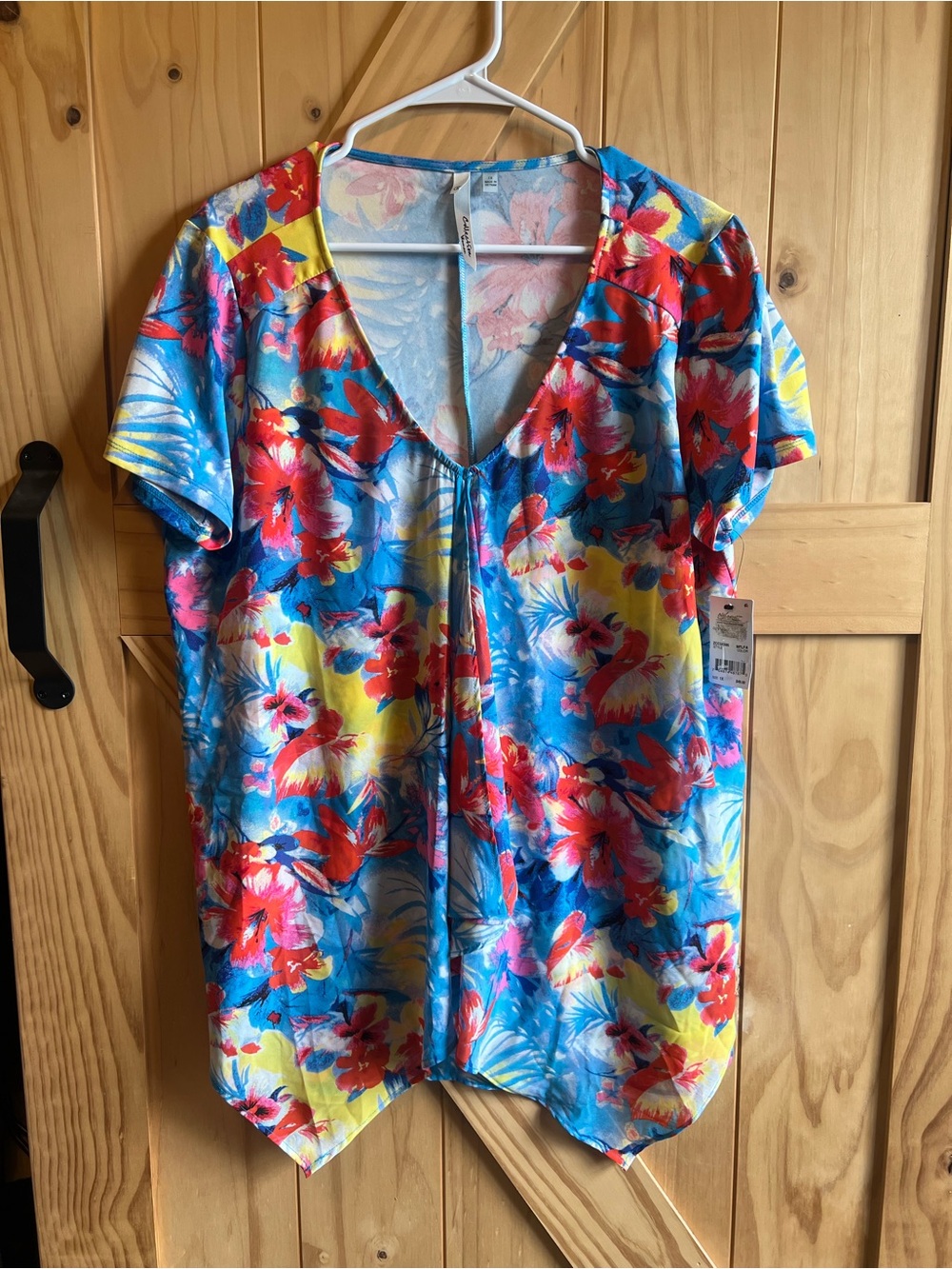 NWT NY Collection V-Neck Tropical Floral Layered Blouse Size 1X Beach Coastal